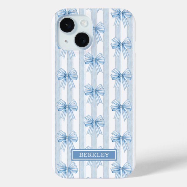 Coques Case-Mate iPhone Nœuds Coquette Bleus sur Monogramme à Rayures (Verso)