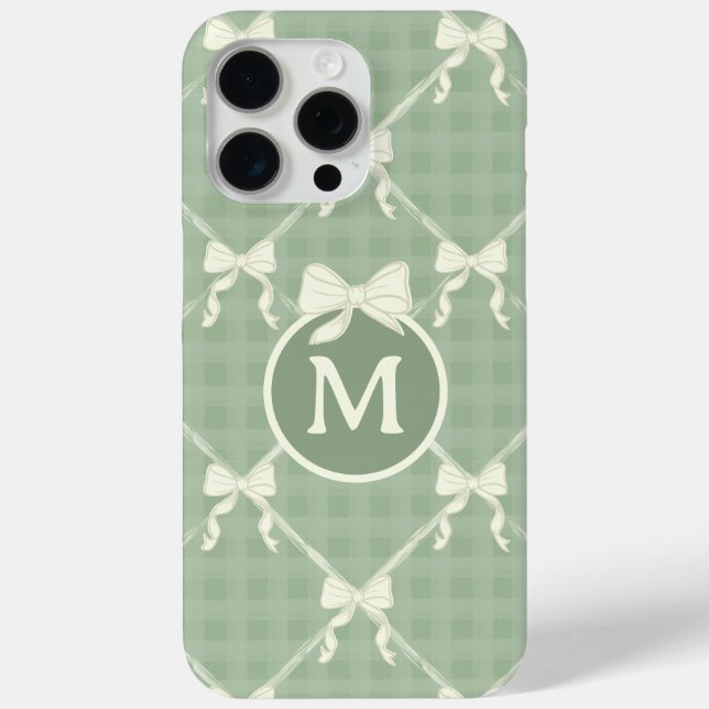 Coques Case-Mate iPhone Nœuds Coquette Gingham Monogramme Crème Vert Sauge (Verso)