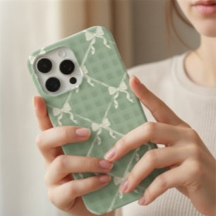 Coque Case-Mate iPhone Nœuds Coquette Motif Gingham Crème Vert Sauge