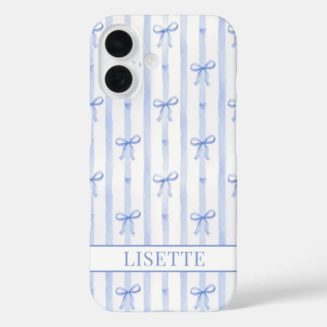 Coques Case-Mate iPhone Nœuds Coquette Rayés Bleu Élégants Monogrammés (Verso)