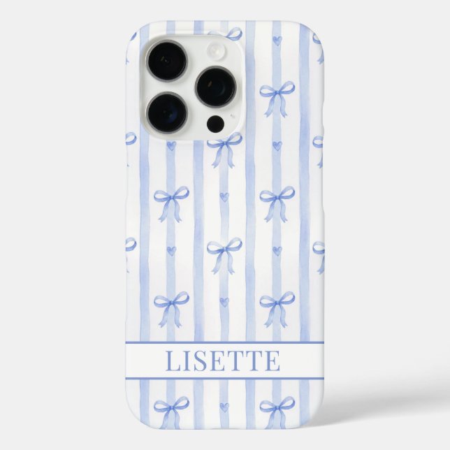 Coques Case-Mate iPhone Nœuds Coquette Rayés Bleu Élégants Monogrammés (Verso)