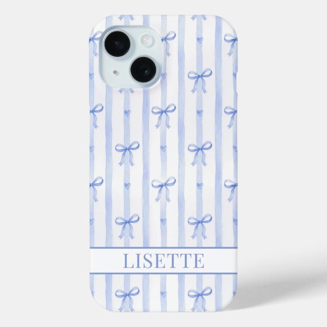 Coques Case-Mate iPhone Nœuds Coquette Rayés Bleu Élégants Monogrammés (Verso)