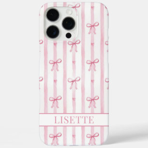 Coque iPhone 16 Pro Max Nœuds Coquette Rayés Rose Élégants Monogrammés
