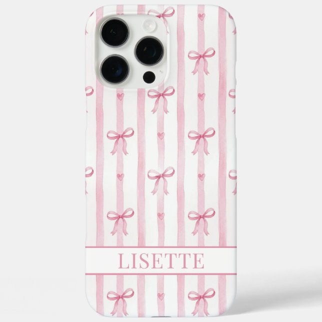 Coques Case-Mate iPhone Nœuds Coquette Rayés Rose Élégants Monogrammés (Verso)