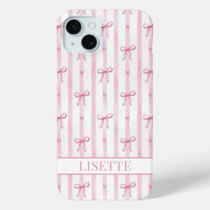 Coque Case-Mate iPhone Nœuds Coquette Rayés Rose Élégants Monogrammés