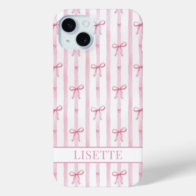 Coques Case-Mate iPhone Nœuds Coquette Rayés Rose Élégants Monogrammés (Verso)