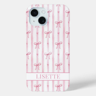 Coque Case-Mate iPhone Nœuds Coquette Rayés Rose Élégants Monogrammés