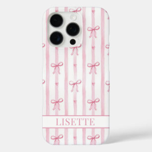 Coque iPhone 16 Pro Nœuds Coquette Rayés Rose Élégants Monogrammés