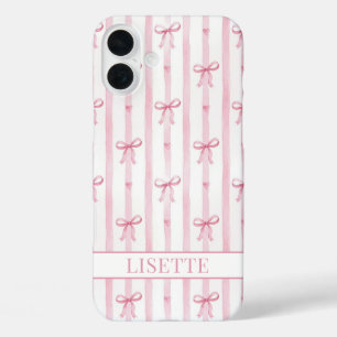 Coque Pour iPhone 16 Plus Nœuds Coquette Rayés Rose Élégants Monogrammés