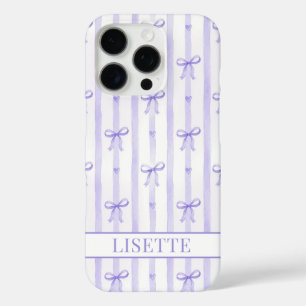 Coque iPhone 16 Pro Nœuds Coquette Rayés Violet Élégants Monogrammés