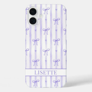 Coque Pour iPhone 16 Plus Nœuds Coquette Rayés Violet Élégants Monogrammés