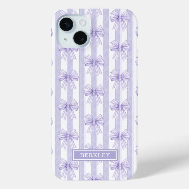 Coques Case-Mate iPhone Nœuds Coquette Violets sur Monogramme à Rayures (Verso)