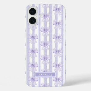 Coque Pour iPhone 16 Plus Nœuds Coquette Violets sur Monogramme à Rayures