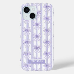Coque Case-Mate iPhone Nœuds Coquette Violets sur Monogramme à Rayures