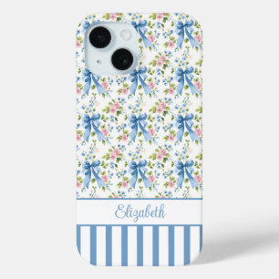Coque Case-Mate iPhone Nœuds Coquettes Bleus Avec Fleurs Monogrammées