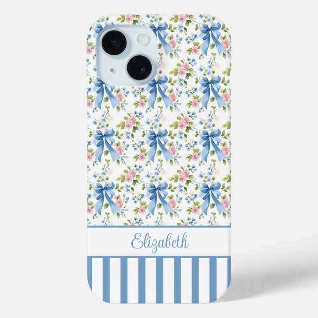 Coques Case-Mate iPhone Nœuds Coquettes Bleus Avec Fleurs Monogrammées  (Verso)