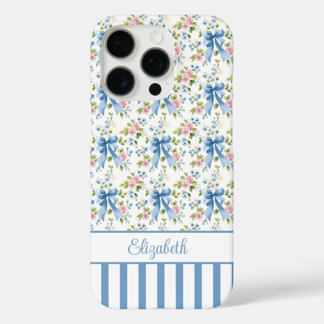 Coques Case-Mate iPhone Nœuds Coquettes Bleus Avec Fleurs Monogrammées  (Verso)