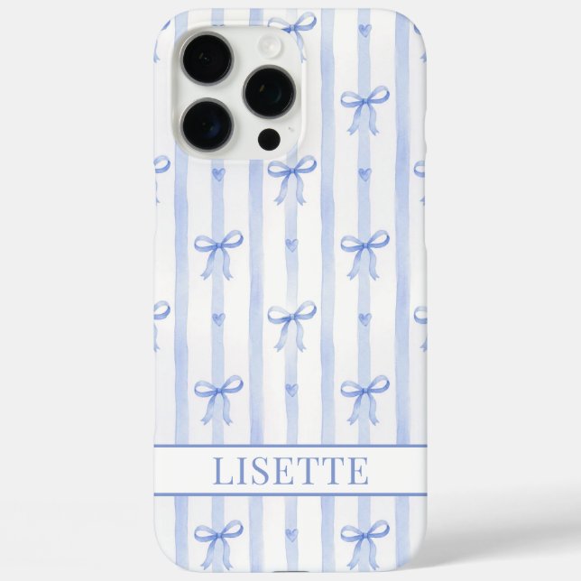 Coques Case-Mate iPhone Nœuds Coquettes Rayés Bleus Élégants Monogrammés (Verso)