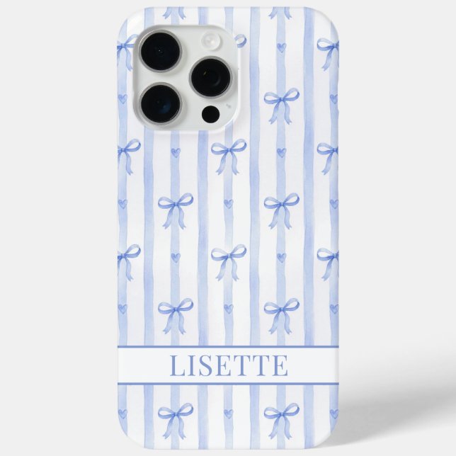 Coques Case-Mate iPhone Nœuds Coquettes Rayés Bleus Élégants Monogrammés (Verso)
