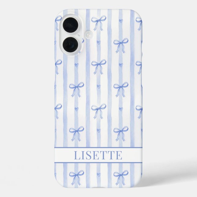Coques Case-Mate iPhone Nœuds Coquettes Rayés Bleus Élégants Monogrammés (Verso)