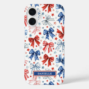 Coque Pour iPhone 16 Nœuds de Coquette Patriotique Monogrammés