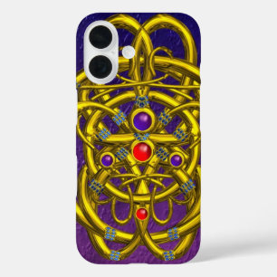 COQUE POUR iPhone 16 NOEUDS EN CELTIQUE D'OR ABSTRAIT AVEC PIERRES À GA