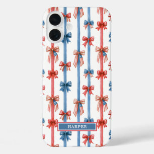 Coque Pour iPhone 16 Plus Nœuds et Rayures Monogrammées Patriotiques