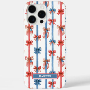 Coque iPhone 16 Pro Max Nœuds et Rayures Patriotiques Monogrammés
