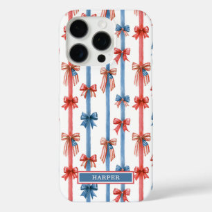 Coque iPhone 16 Pro Nœuds et Rayures Patriotiques Monogrammés