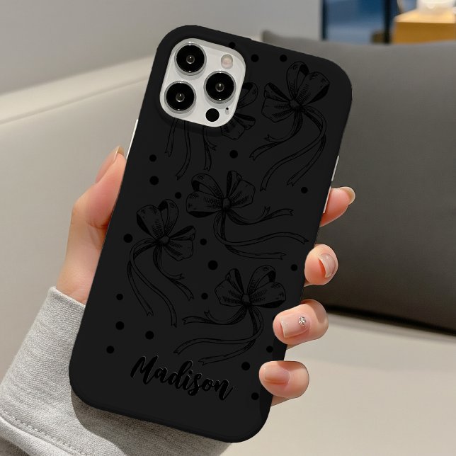 Coques Case-Mate iPhone Nœuds Monogramme Coquette Noir Gris Chic (Créateur téléchargé)
