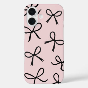 Coque Pour iPhone 16 Nœuds Noirs Mignons et Tendance Rose