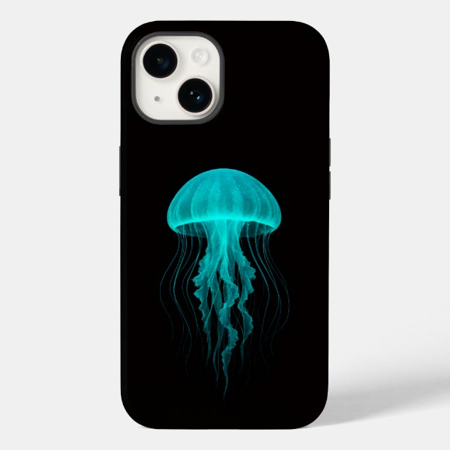 Coques Case-Mate iPhone Noir 4 Luxe iPhone 14 Mate, Méduse Néon Vert (Verso)