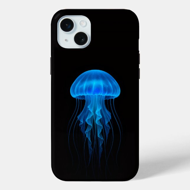 Coques Case-Mate iPhone Noir 4 Luxe iPhone 15 Plus, Méduse Bleu Néon (Verso)