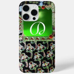 Coque iPhone 15 Pro Max NOIR ART VERT NOUVEAU MONOGRAM EN PIERRE GEMME Éme