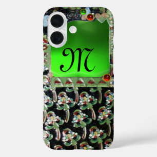 Coques iPhone 16 NOIR ART VERT NOUVEAU MONOGRAM EN PIERRE GEMME Éme