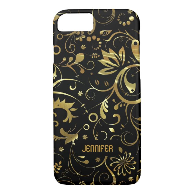 Coques Case-Mate iPhone Noir avec Motif de tissu Floral Or (Dos)