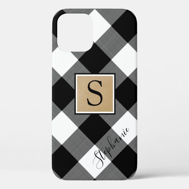 Coques Case-Mate iPhone Noir Blanc Buffalo Plaid Monogramme Nom du script (Verso)