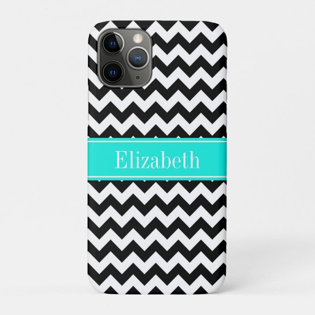 Coques Case-Mate iPhone Noir Blanc Chevron Zig Zag Brt Aqua Nom Monogramme (Dos)
