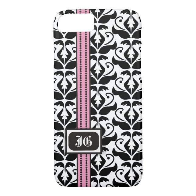Coques Case-Mate iPhone Noir blanc damassé, bande rose avec monogramme (Dos)