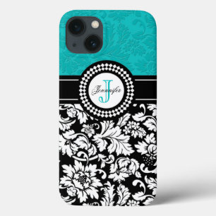 Coque Case-Mate iPhone Noir Blanc Et Bleu Vintage Fleurs Damas