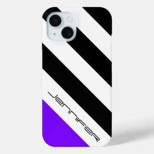 Coque Pour iPhone 15 Noir, Blanc, Grille violette, Nom, Minimaliste