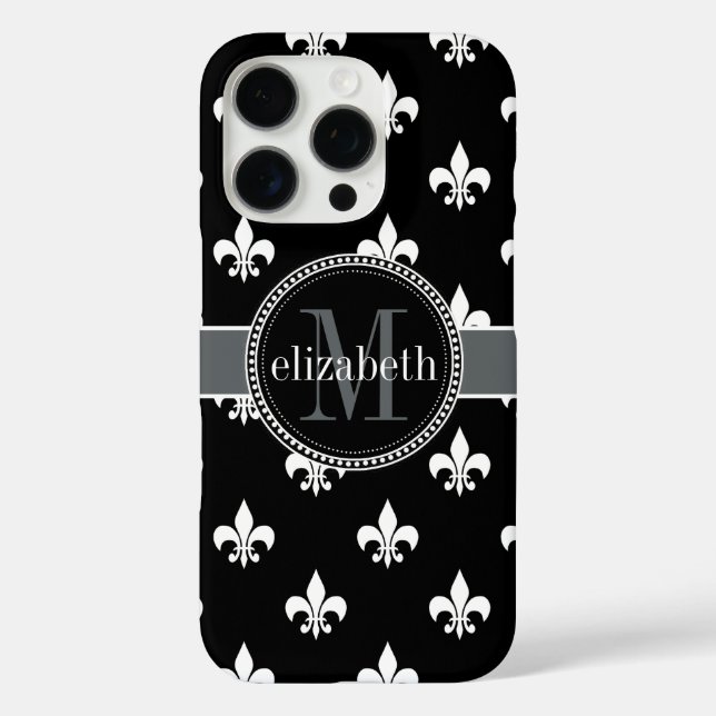 Coques Case-Mate iPhone Noir Blanc Gris Fleur de Lis Monogram (Verso)