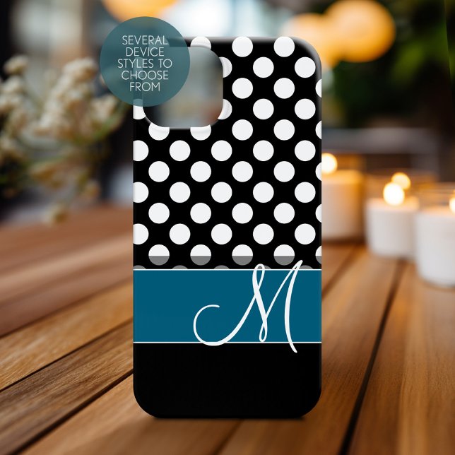 Coques Case-Mate iPhone Noir blanc Polka Motif bleu Monogramme (Personalized Phone Case with Monogram)