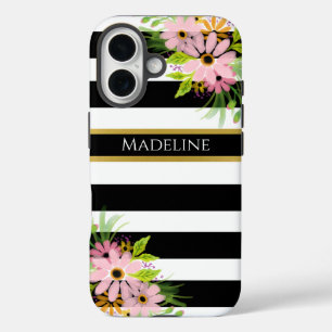 Coque Pour iPhone 16 Noir Blanc rayé Floral Or   élégant