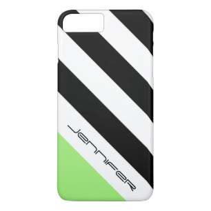 Coque iPhone 8 Plus/7 Plus Noir, Blanc & Rayure Vert Néon avec nom personnali