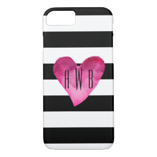 Coque iPhone 8/7 Noir + Blancs Aquarelle Coeur Monogramme