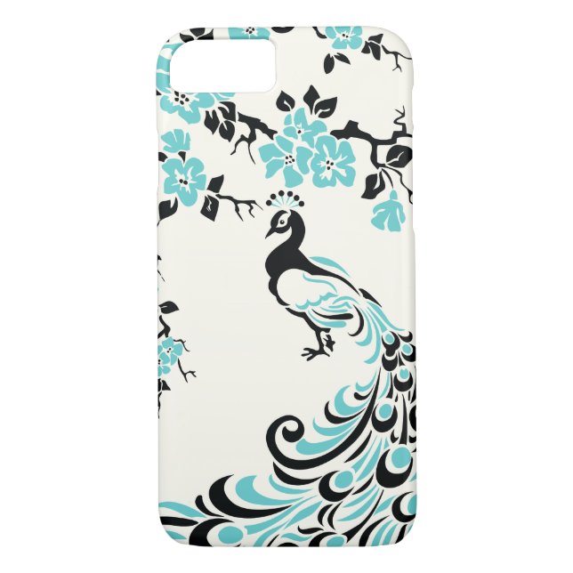 Coques Case-Mate iPhone Noir, bleu aqua paon & fleurs de cerisiers (Dos)