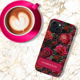 Coque Case-Mate iPhone Noir Chaud Pink Glam Roses Marbre Nom du monogramm