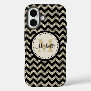 Coque Pour iPhone 16 Noir Chevron Silver Monogramme or