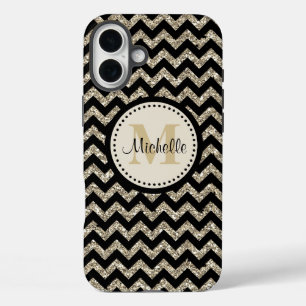 Coques iPhone 16 Plus Noir Chevron Silver Monogramme or